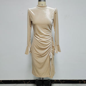 <span class=keywords><strong>Vestido</strong></span> <span class=keywords><strong>Midi</strong></span> Casual de Verano para Mujer, Tejido Ecológico, Cintura Natural, Cuello Redondo, Manga Larga, Color Champán, en Oferta - Product Image 2