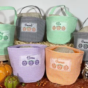 Monogram gingham Nguồn cung cấp bên cam lừa hoặc điều trị Halloween kẹo xô kẻ sọc bí ngô Halloween xô