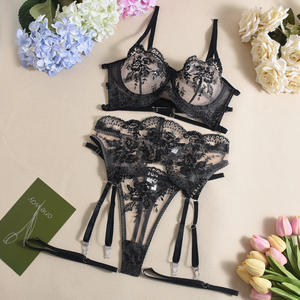 New See-Through Dress Mesh Embroidered Bra Thong Backless Temptation Sexy Lingerie 4pcs Set for Women - Product Image 5