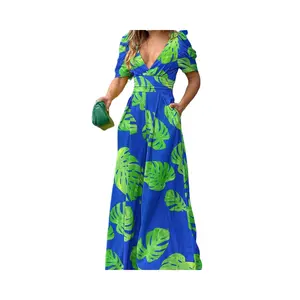 Ladies's fashion The latest summer short-sleeved dress V-neck sexy print casual holiday women's long dress