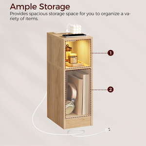 Mesa de Noche Estrecha con Estación de Carga, Mesa Auxiliar Delgada Natural con Almacenamiento y Luz LED, Mesa Auxiliar Moderna <span class=keywords><strong>para</strong></span> Espacios Pequeños - Product Image 4