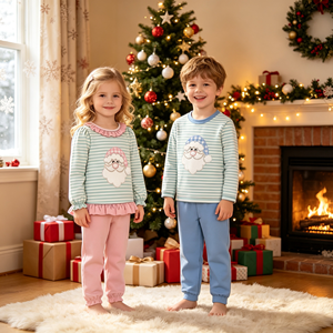 Tenues de Noël personnalisées en coton biologique à rayures de Père Noël pour bébés filles et garçons, vêtements festifs pour frères et sœurs, vêtements doux en gros - Product Image 1
