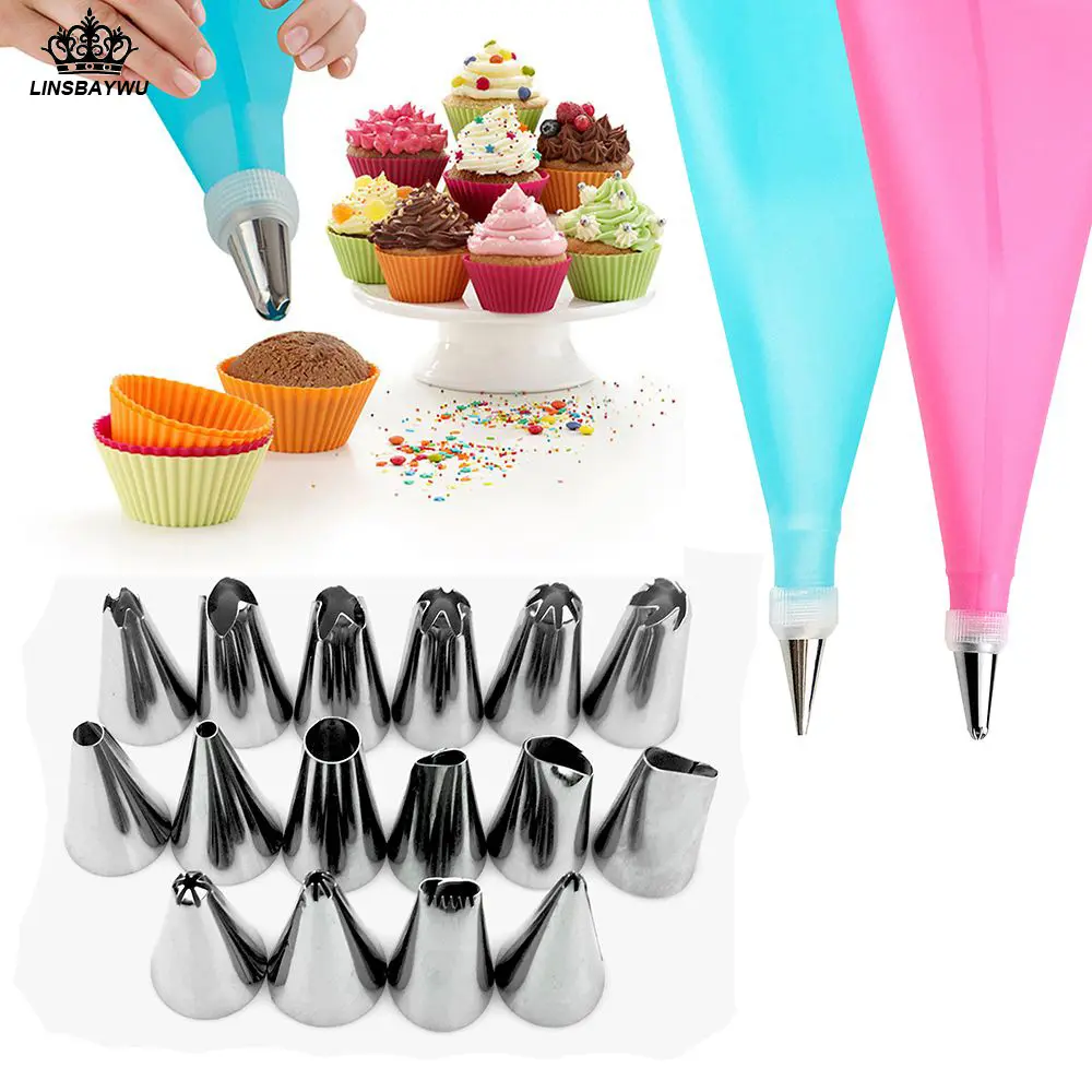 Saco de silicone com bicos para confeiteiro, saco de bicos de confeiteiros de silicone com 18 peças/conjunto, diy, bicos de creme de gelo, sacos reutilizáveis + 16 conjuntos de bico, ferramentas de decoração do bolo