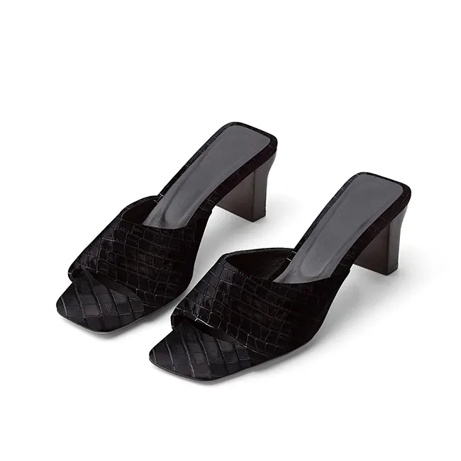 Seksi Hitam PU Peep Toe Slip On Square Desain Tunggal Hak Tinggi Blok Sandal untuk Wanita