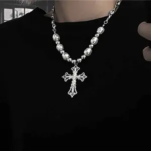 Vintage punk cool stainless steel cross pearl pendant hip hop necklace for men and women