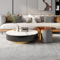 Table basse moderne ronde en bois avec plateau en marbre et tiroir, fonction de rangement intégrée, en pierre frittée