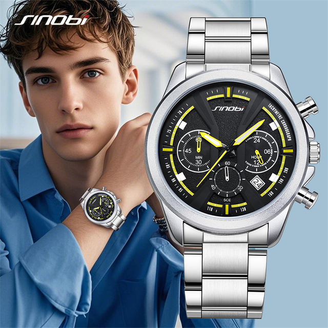 SINOBI Luxury Quartz Watches for Men Waterproof Luminous Calendar Wristwatches Stainless Steel Strap Watches