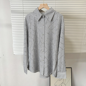 Women's Elegant <b>Rhinestone</b> Diamond-Patterned Casual Loose Lightweight Summer Breathable Long-Sleeve Collared Shirt <b>Top</b> - Product Image 2