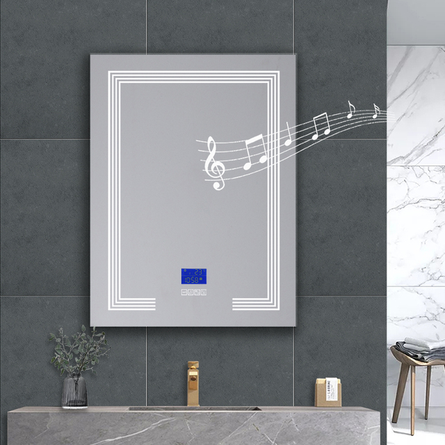 Wholesale Smart LED Illuminated Modern Design Rectangle Bathroom Mirror Bluetooth Speaker Antifog Clock Touch Temperature Wall