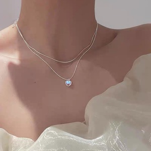 Double Layered <b>Heart</b> Moonstone Necklace S925 Sterling Silver Gradient Gem Clavicle Chain <b>Sweet</b> Luxury Gift Jewelry - Product Image 2