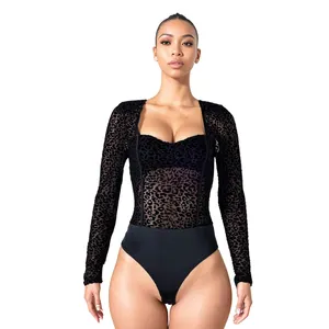 Green Dimple Leopard Mesh See-through Bodysuit Patchwork Sexy Long Sleeve Autumn Women Bodycon Bodysuits Streetwear Party Club