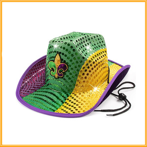 Sombrero de Disfraz de Vaquero de Mardi Gras con Lentejuelas Brillantes de Color Morado, Verde <span class=keywords><strong>y</strong></span> Dorado con Luces LED - Product Image 2