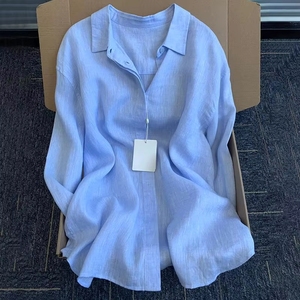 <span class=keywords><strong>Chemise</strong></span> décontractée à col pour <span class=keywords><strong>femme</strong></span>, légère et ample, à manches longues, en lin et <span class=keywords><strong>coton</strong></span>, idéale pour l'été - Product Image 1
