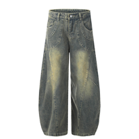 Jean Balloon pour Homme en Denim Délavé, Coupe Ample, Panneaux et Coutures Courbes, Bleu Délavé et Noir, Pantalon Large Streetwear OEM