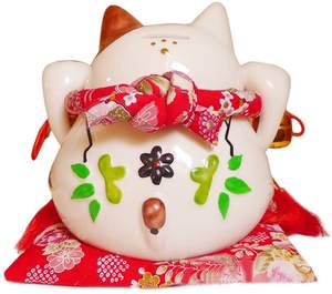 Tirelire en céramique blanche 8 pouces, Maneki Neko, porte-bonheur pour chat, Style ventilateur rouge - Product Image 3