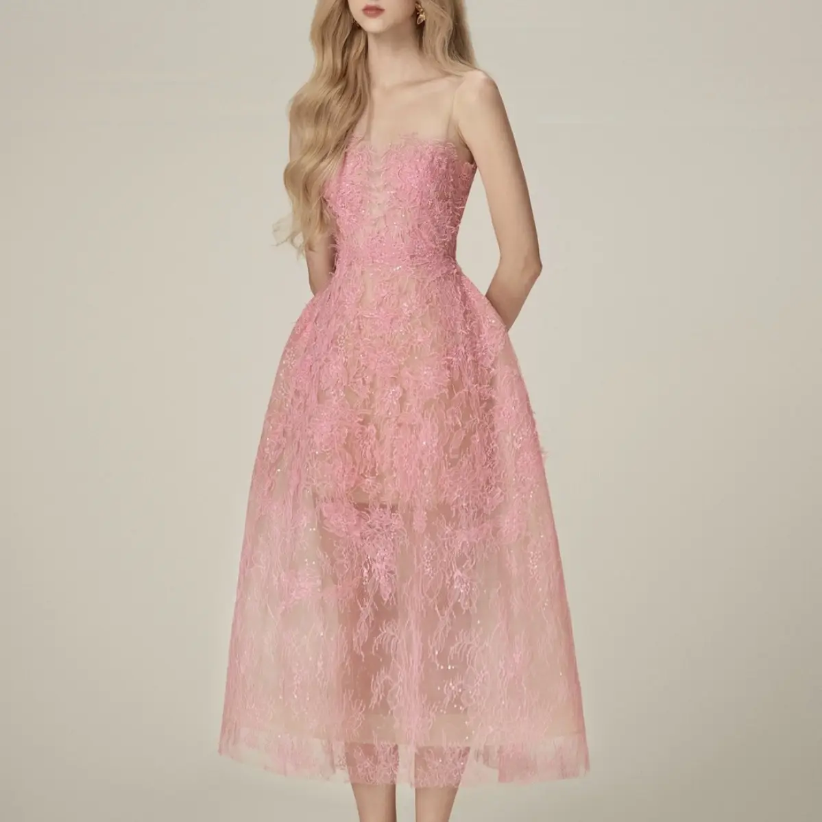2024 नई महिला स्प्रिंग आला लेस ड्रेस वियतनाम डिजाइन त्रि-आयामी फूल सेक्विन परिप्रेक्ष्य भारी उद्योग चेस्ट ड्रेस