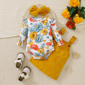 Conjunto de Falda y Mono Floral para Bebé Niña, Traje de Otoño de Manga Larga para Niña Pequeña, Vestido con Tirantes de Pana y Diadema - Product Image 1