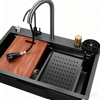 Évier de cuisine moderne intelligent multifonction en acier inoxydable avec robinet cascade, évier intégré avec poste de travail pour usage domestique