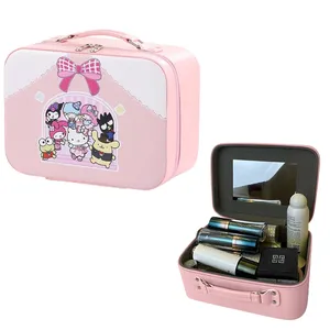 Hoge Kwaliteit Pu Lederen Make-Up Make-Up Tas Doos Kawaii Roze Kat Opbergtas Doos Grote Capaciteit Draagbare Reiskoffer