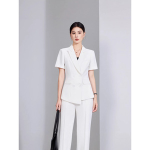 Women's Green Short Sleeve Double Breasted Blazer And Trousers Suit Set Formal Work Wear Commute Style Anti Wrinkle Worsted - Product Image 4