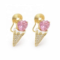 Boucles d'oreilles tendance style mignon et doux, en forme de cœur rose, cristal, forme de glace, bijoux CZ, à clipser, sans perçage, pour femme