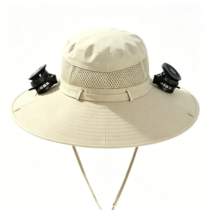 UPF50+ Wide Brim Canvas Sun Hat 2 Rechargeable Cooling <b>Fans</b> Mesh Breathable Windproof Chin Strap UV Protection Unisex Hat - Product Image 6