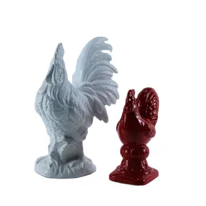 Personalizzato 3D lucido in piedi figurine di animali in ceramica gallo scultura decorazione per la casa in ceramica gallo statua bianco e rosso