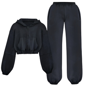 Ensemble de survêtement 2 pièces pour femme, style vintage, délavé à l'acide, comprenant un sweat à capuche court zippé et un pantalon jogger, coupe oversize streetwear, manches <span class=keywords><strong>ballon</strong></span> et poignets élastiques - Product Image 4