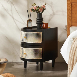 Solid Wood Rattan Bedside Table With <b>Drawers</b> Storage Cabinet Minimalist Nordic Style Nightstand For Bedroom - Product Image 3