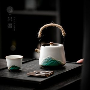 Théière en céramique Shangyan Qingshan, forme irrégulière en porcelaine avec couvercle, poignée en corde de chanvre, ensemble de thé Kung Fu pour la maison et le bureau - Product Image 1