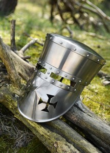 Casque de croisé artisanal en acier au carbone, d'inspiration médiévale, avec doublure en cuir, armure historique décorative pour costume - Product Image 5