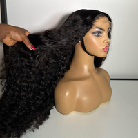Vente en gros pas cher HD sans colle Lace Frontal Double dessiné naturel brut péruvien cheveux humains Kinky Curl Front perruque pour les femmes noires