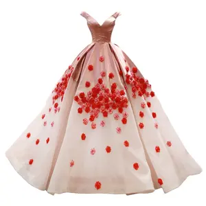 Most Popular Luxury V-neck Floral Decoration Ball Gown Bridal Wedding Dress For Bride