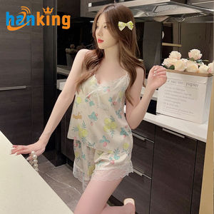 Ehanking <b>Women's</b> Lace Letter Print <b>Pajama</b> Set Top Shorts Sets Female Soft Comfortable Ice <b>Silk</b> Print <b>Pajamas</b> Sets - Product Image 1