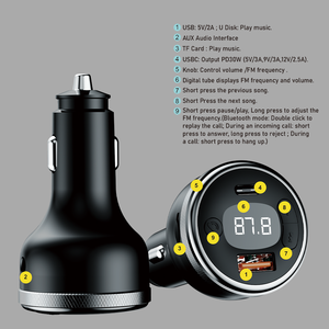 Transmisor para Auto, Cargador de Auto Bluetooth 5.0, FM, USB Tipo C, Carga Rápida, Reproductor de Audio MP3, Kit para Auto - Product Image 2