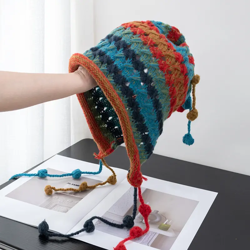 Boho Hollow Out Ear Flap Hat Vintage Color Block Crochet Beanies Tassel Knit Hats Lightweight Coldproof Cap For Women