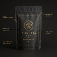 Pochette alimentaire pour animaux de compagnie, noire mate, imprimée sur mesure, avec estampage à chaud doré et fermeture éclair refermable, pour l'emballage de friandises pour chiens et chats