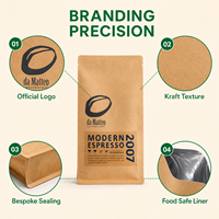 Sacs à café biodégradables en kraft à fond plat avec fermeture éclair pour grains de café torréfiés, emballage personnalisé pour café