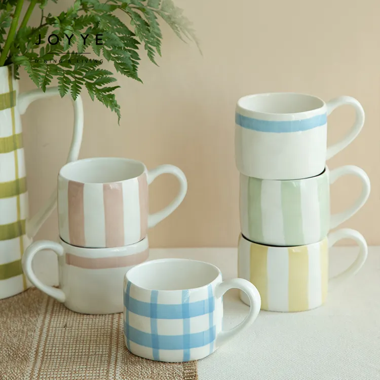 Joyye Venta al por mayor Nordic Chic Pure Line Juego de tazas de té y café de cerámica pintadas a mano Tazas de gres