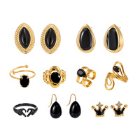 Parure de bijoux vintage en acier inoxydable plaqué or PVD 18 carats avec pierres noires, boucles d'oreilles pendantes et bagues pour femme, résistantes au ternissement