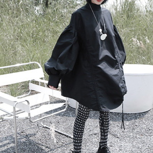 Vestido largo de mujer con cuello alto, mangas abullonadas y cordón ajustable, estilo farol, de moda - Product Image 4