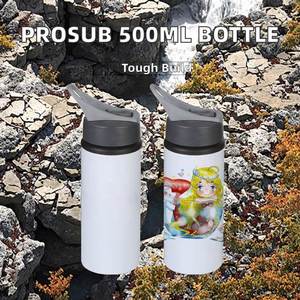 Botellas de agua de aluminio Prosub de 500 ml para deportes y viajes, vasos de sublimación en blanco de 17 oz con tapas y pajitas para excursiones al aire libre y agua hirviendo - Product Image 2