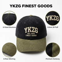 Casquette de baseball en velours côtelé YKZG à broderie 3D en relief contrastante vert-jaune, livraison rapide en 2 heures, casquette de papa athlétique, couvre-chef personnalisé en gros