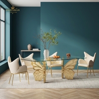 Ensemble de table à manger moderne de luxe, table à manger en acier inoxydable doré en forme de papillon, plateau en verre trempé