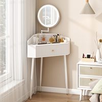 Bureau de maquillage d'angle blanc avec miroir LED rotatif et rétractable, petite table de maquillage moderne avec plateau en verre et tiroirs de rangement