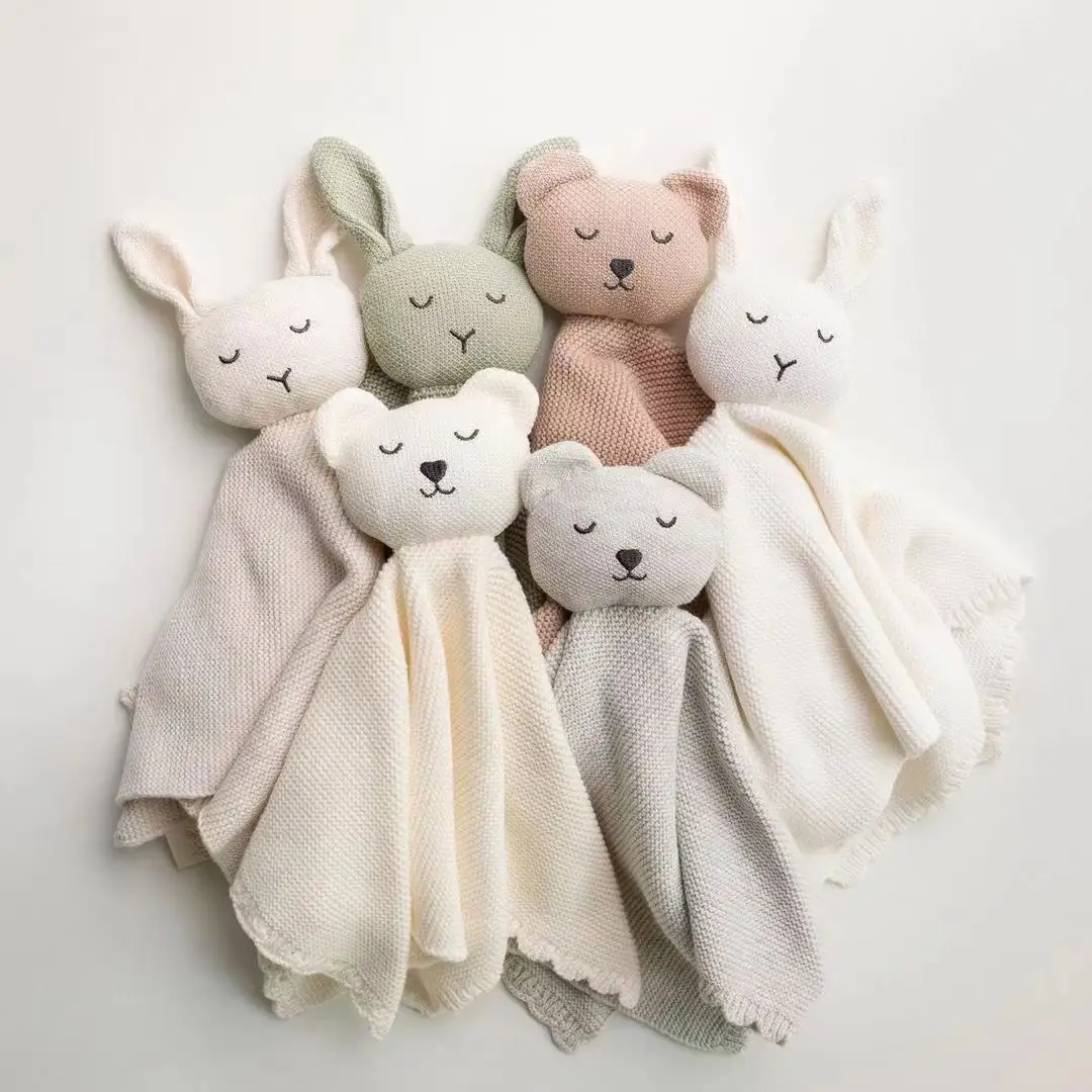 Ins heißer Verkauf weiche Bio-Baumwolle Hase Bär Tier gestrickt Baby Tröster Sicherheits decke für Neugeborene