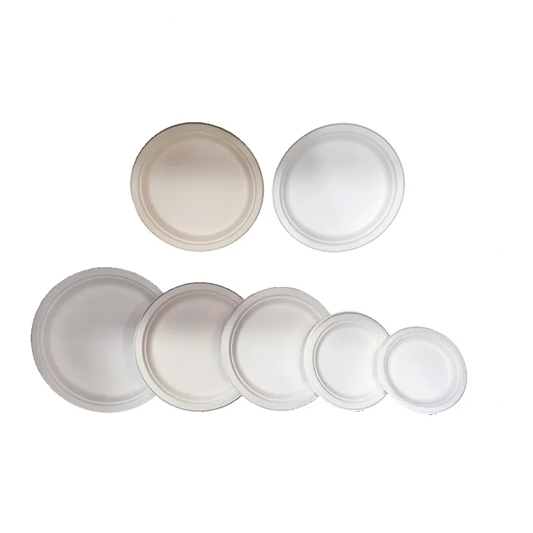 Accept Custom 100% Biodegradable Bamboo Fiber Bagasse Plates Sugarcane Disposable Paper Plate 6 7 8.75 9 10 inch Round Plate