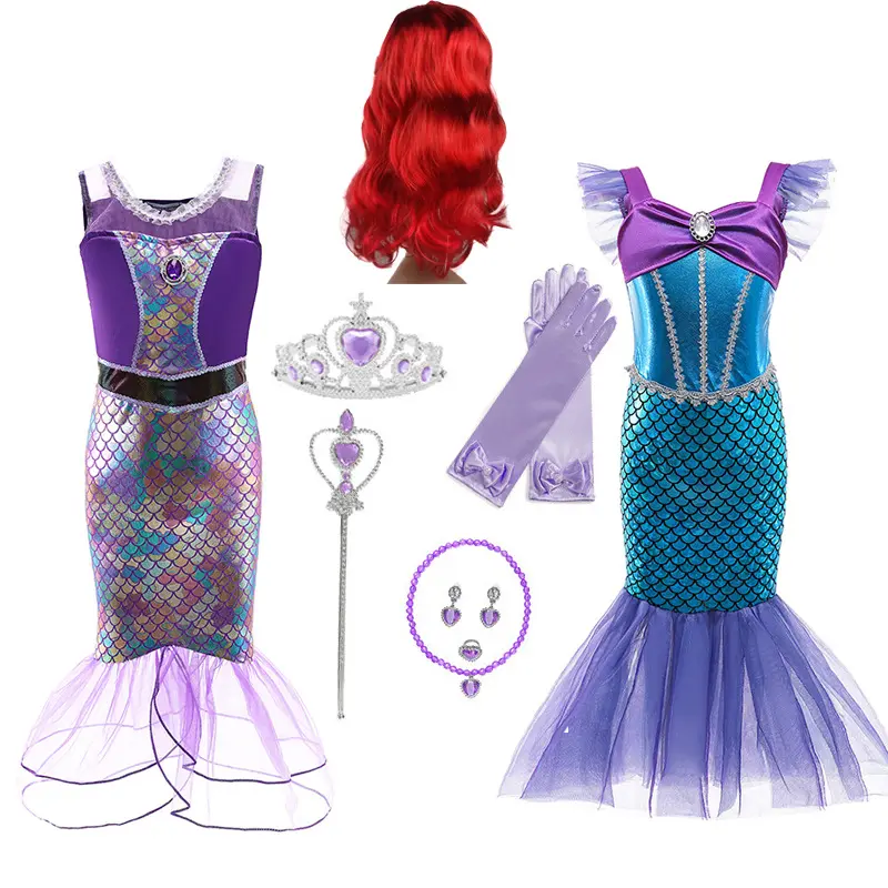 Girls Princess Costume, Mermaid Purple Turquoise Fishtail Skirt, Dress with Crown Wand Necklace Wig for Birthday Festival Party