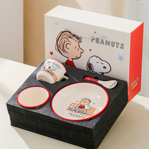 Ensemble de vaisselle en céramique Snoopy et <span class=keywords><strong>Charlie</strong></span> Brown, ensemble de 4 pièces, bol, assiette, tasse, cuillère avec boîte cadeau, ensemble de vaisselle de dessin animé mignon, ensemble cadeau - Product Image 2