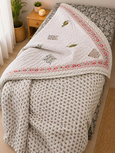 Colcha de Algodón Estampada a Mano Estilo Bohemio, Reversible, con Diseño Floral, Ligera, Estilo Kantha Indio - Product Image 6
